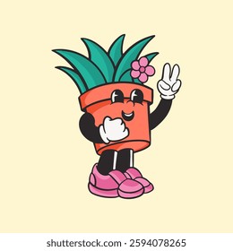 Cartoon plant pot character with shoes and gloves, smiling and making a peace sign. Animated plant pot with expressive face and playful pose. Vector illustration.