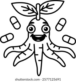 A cartoon of a plant with a smiling face and a pill bottle in the background