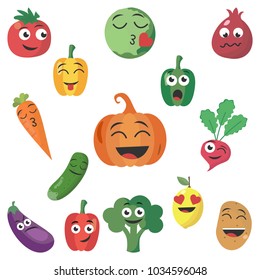 Cartoon plant symbols. Vegetable emoticons. Different emotions in vegetables. Every vegetable has a different emotion. A set of smileys. Smiles. Tomato, pumpkin, pepper, etc. Vector illustration.