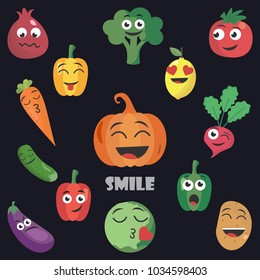 Cartoon plant symbols. Vegetable emoticons. Different emotions in vegetables. Every vegetable has a different emotion. A set of smileys. Shadowy background. Smiles. Tomato, pumpkin, pepper, etc.Vector