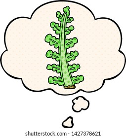 cartoon plant with thought bubble in comic book style