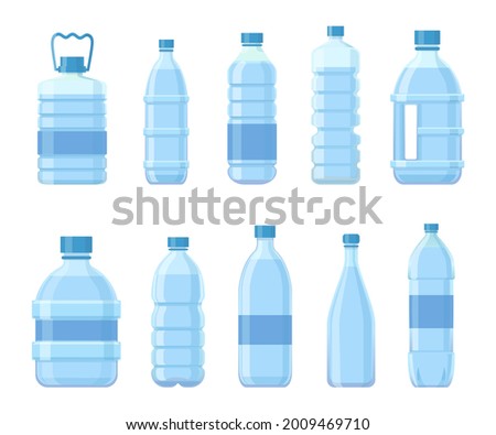Cartoon plastic bottles with water. Drinks packages, PET containers for beverage, juice or soda. Blue packaging for mineral water vector set. Illustration container water or bottle plastic with liquid