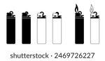 Cartoon plastic gas cigarette lighter icon. Lighters logo. For Flaming cigarette lighter. Fire symbol or logo. Smokers tools. Cigar, tobacco tool. Pocket lighter fire.
