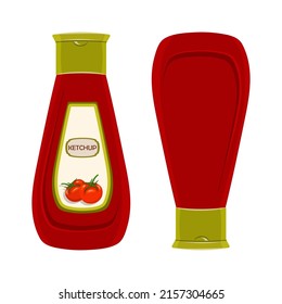 Cartoon plastic jar with ketchup with and without label. Bottle with red sauce. Plastic pack. Vector jar isolated on a white background for app, games, banner, menu fast food restaurants.