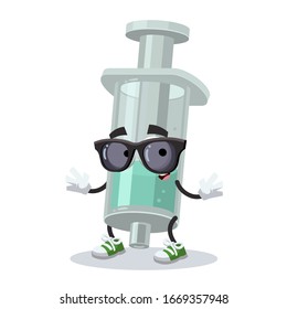 cartoon plastic medical syringe character mascot in black sunglasses on a white background