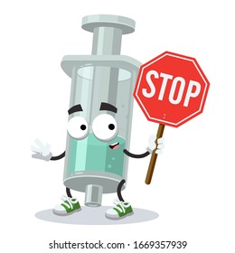 cartoon plastic medical syringe mascot with tablet stop in hand on white background