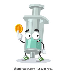 cartoon plastic medical syringe mascot keeps the coin on white background