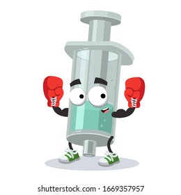 cartoon plastic medical syringe mascot in red boxing gloves on white background