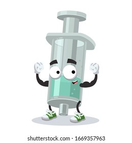 cartoon plastic medical syringe mascot shows its strength on a white background