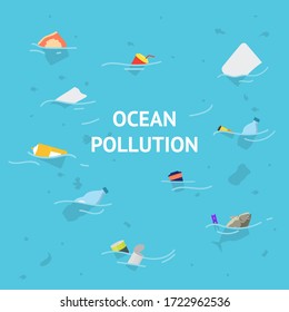 Cartoon Plastic Ocean Pollution Concept Card Garbage Element Flat Design Style. Vector illustration