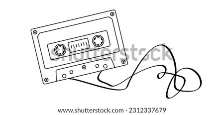 Cartoon plastic old audio record cassette. Drawing cassette tape symbol or icon. Retro music tape cassette, 1970s, 1980s style. For free copy. Music audio record from 70s, 80s, 90s hits, mixtape.