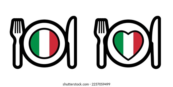 Cartoon plate, fork and knife for Italian dish. Heart plate in Italian national colors. Kitchen cook or cooking symbol and Italy flag. Vector Italia restaurant, menu logo or icon. School, work cuisine