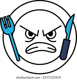 A cartoon of a plate with a fork and knife on it, with the knife being held up