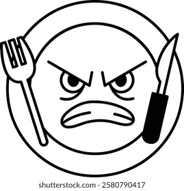 A cartoon of a plate with a fork and knife on it, with the knife being held up