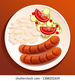 Cartoon Plate On Table Sausages Rice Stock Vector (Royalty Free