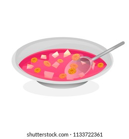 Cartoon Plate of soup, carrots, potatoes, onions, red broth, spoon. Colorful hand drawn vector stock illustration.