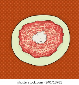 Cartoon plate of spaghetti with sour cream on top