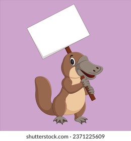 Cartoon platypus holding blank sign animal character design illustration