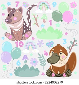 Cartoon platypus and quoll characters graphics set with balloons, plants, flowers, stars, numbers, rainbows and leaves. Australian baby animals collection.