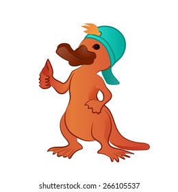 Cartoon platypus thumb up character,  funny vector illustration