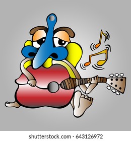 Cartoon play guitar on gray background.
Abstract style.