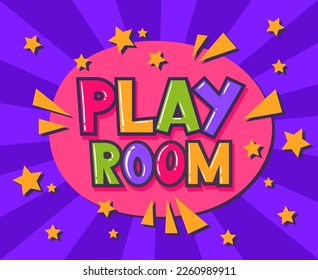 Cartoon play room poster. Children kids game zone sticker, kids entertainment playroom and game zone badge flat vector illustration