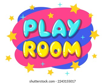 Cartoon play room sticker. Kids game zone, children's entertainment party club and game zone badge flat vector illustration on white background