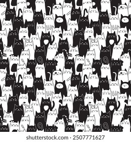 Cartoon playful cats crowd pattern. Black and white line illustration of many cute funny cat faces. Seamless vector background.