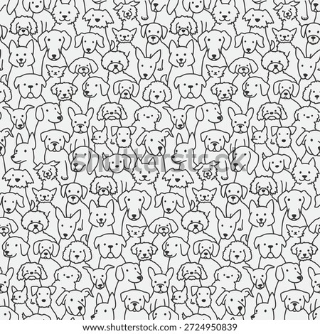 Cartoon playful dog crowd pattern. Black and white line art with many cute dog faces of various breeds. Seamless vector background.