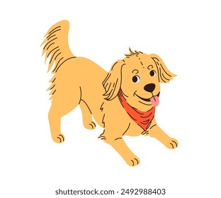 Cartoon playful happy dog. Dog behavior, body language and face expressions. Cute yellow labrador retriever in simple cartoon style, isolated flat vector illustration.