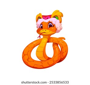 Cartoon playful snake character symbolizing 2025 Chinese lunar year. Vector snake has big happy eyes and tongue sticking out, orange scales and wearing traditional Chinese festival hat with fluffy fur