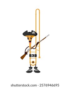 Cartoon playful trombone character, dressed as a pirate, complete with a hat and musket. combines music and adventure in swashbuckling performance. Isolated vector musical instrument corsair trumpet