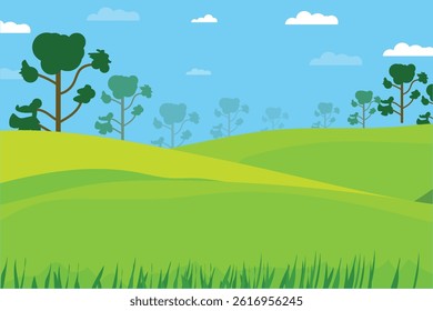 Cartoon playground for children with cloud, mountain, trees, green grass landscape concept, vector illustration design background