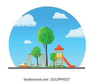 Parque infantil de desenhos animados para crianças com slide, balanço e caixa de areia contra fundo de céu azul.