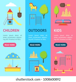 Cartoon Playground in City and Element Banner Vecrtical Set for Leisure Children Flat Style Design. Vector illustration