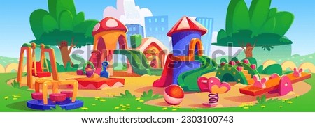Cartoon playground in city park. Vector illustration of kindergarden yard with colorful swing, carousel, slide and ball for childrens outdoor fun and recreation. Urban building silhouettes background