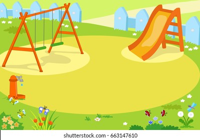 Cartoon playground with cute insects vector background illustration.
