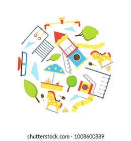 Cartoon Playground Element Round Design Template Set for Leisure Children Flat Style Design. Vector illustration