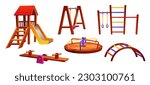 Cartoon playground equipment set isolated on white background. Vector illustration of wooden slide, swing, carousel and colorful ladder for childrens outdoor fun and recreation, active leisure