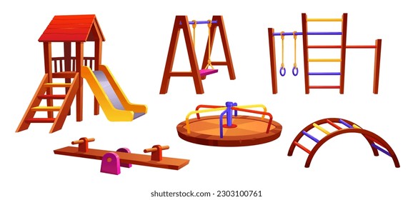 Cartoon playground equipment set isolated on white background. Vector illustration of wooden slide, swing, carousel and colorful ladder for childrens outdoor fun and recreation, active leisure