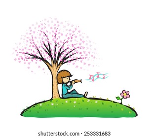 Cartoon playing flute. Spring cherry blossom garden background. Drawing cartoon in doodle style.