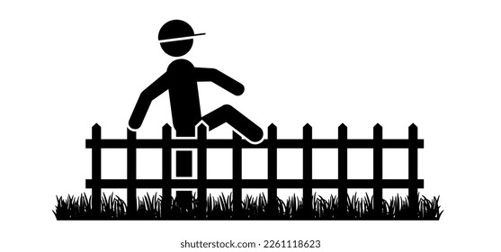 Cartoon, klettern Sie bitte nicht auf Zaun-Balustrade. Stickman, Strichmännchen Wolke auf der Menschenmenge Barriere. Verbieten Stopp erlaubt, kein Verbotsschild. Zaunpfosten oder Zaunpfosten. Kein Klettern oder springen Sie den Hauszaun.