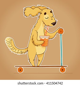 Cartoon pleased dog riding a scooter and drinking juice.