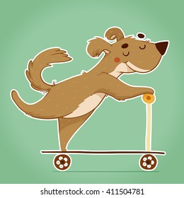 Cartoon pleased dog riding a scooter and smiling.