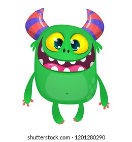 Cartoon pleased funny monster dancing. Halloween vector illustration of funny troll or gremlin