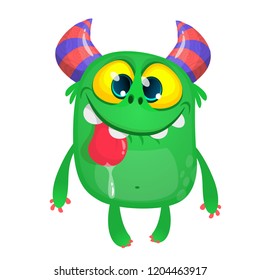 Cartoon Pleased Funny Monster Showing Tongue. Halloween Vector Illustration Of Funny Troll Or Gremlin