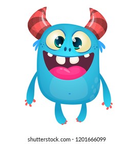 Cartoon pleased funny monster smiling. Halloween vector illustration of funny troll or gremlin