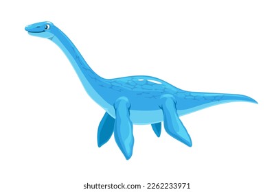 Cartoon plesiosaur dinosaur character. Isolated vector underwater monster lizard. Vertebrate marine reptile with blue skin and flippers. Long-necked palaeontology animal, cute game or book personage