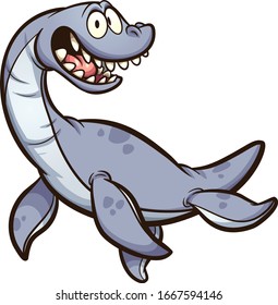 Cartoon plesiosaurus dinosaur with big smile swimming. Vector clip art illustration with simple gradients. All on a single layer.
