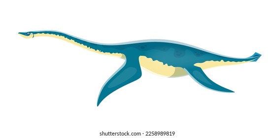 Cartoon Plesiosaurus dinosaur character. Paleontology aquatic animal or beast, isolated extinct sea monster. Jurassic period wildlife carnivorous ocean creature cute vector personage with long neck